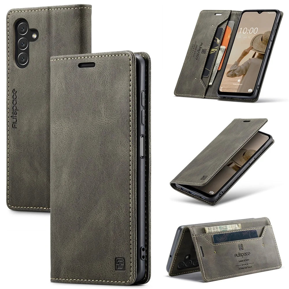 AUTSPACE A01 Series Flip Leather Case for Samsung Galaxy A14 5G / A14 4G RFID Blocking Phone Case Stand Retro Wallet Phone Cover - Coffee - 1