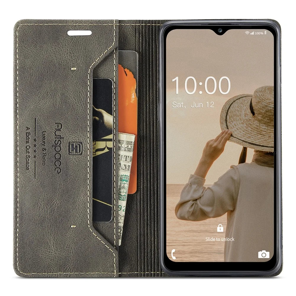 AUTSPACE A01 Series Flip Leather Case for Samsung Galaxy A14 5G / A14 4G RFID Blocking Phone Case Stand Retro Wallet Phone Cover - Coffee - 2