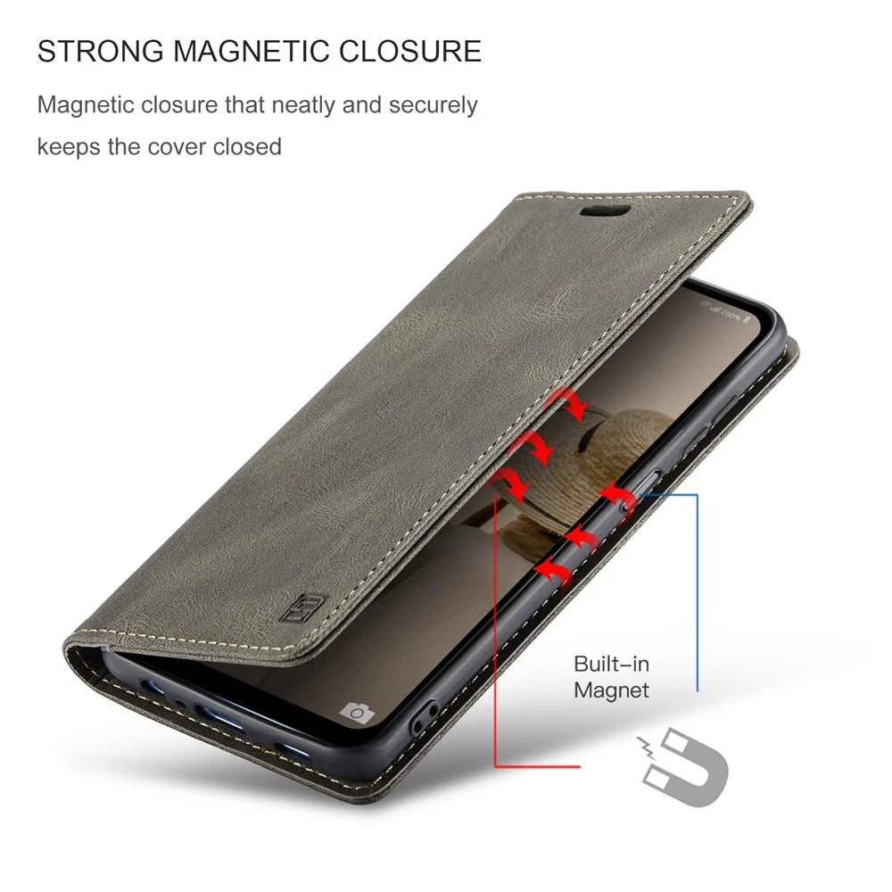 AUTSPACE A01 Series Flip Leather Case for Samsung Galaxy A14 5G / A14 4G RFID Blocking Phone Case Stand Retro Wallet Phone Cover - Coffee - 7