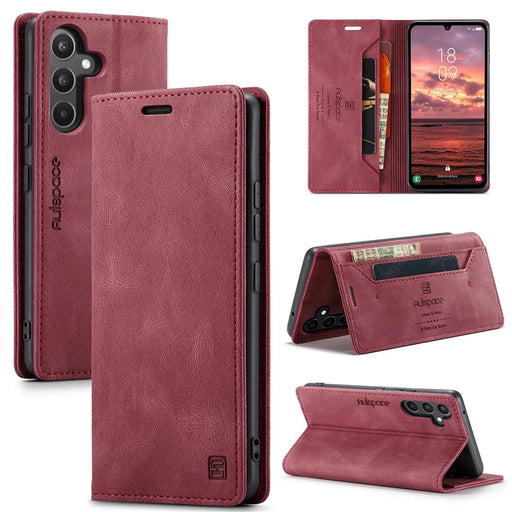 AUTSPACE Wallet Phone Case for Samsung Galaxy A34 5G RFID Blocking Flip Leather Cover A01 Series Retro Stand Phone Cover - Red - 1