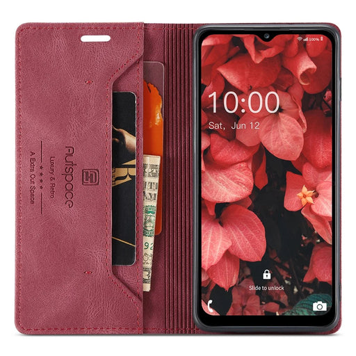 AUTSPACE Wallet Phone Case for Samsung Galaxy A34 5G RFID Blocking Flip Leather Cover A01 Series Retro Stand Phone Cover - Red - 2