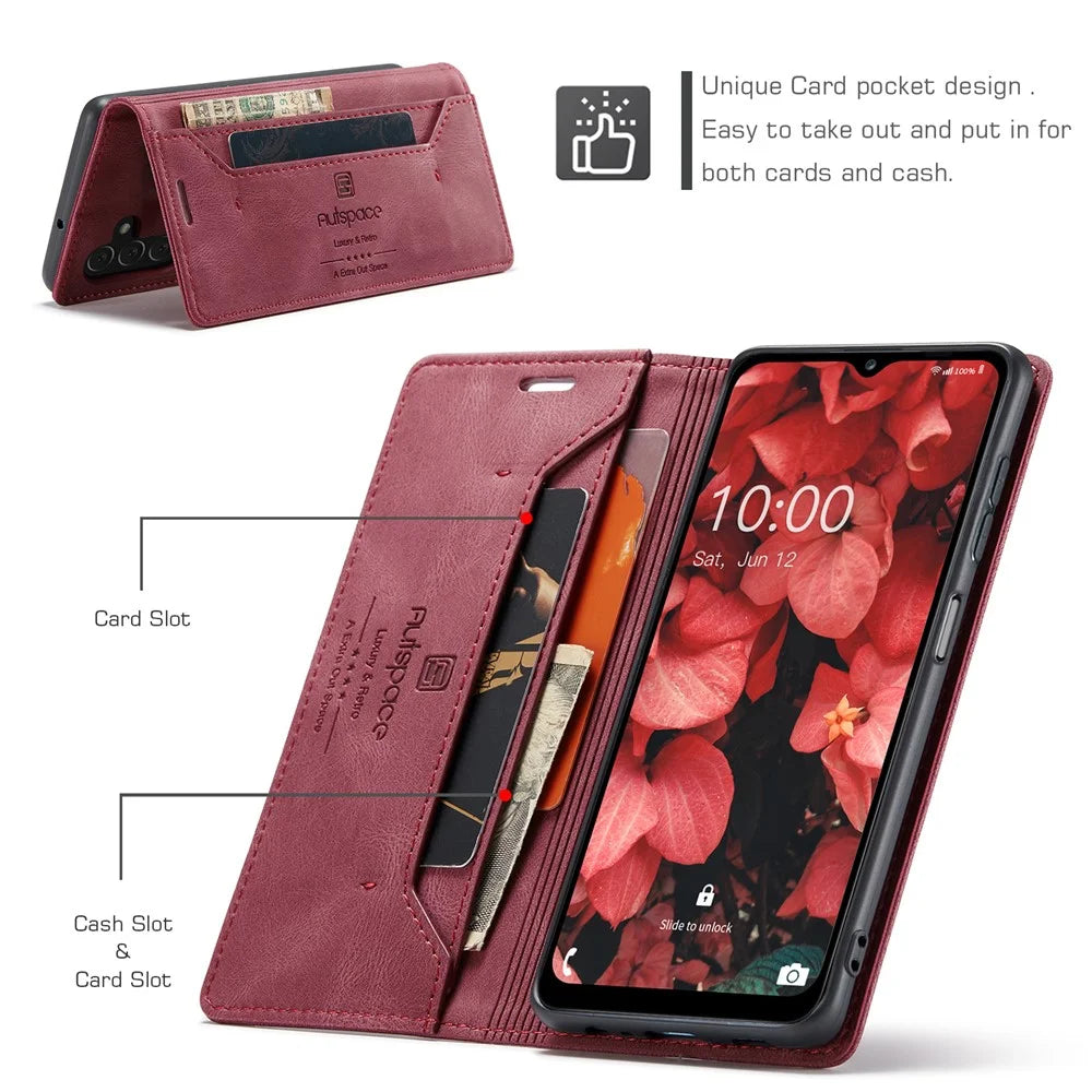 AUTSPACE Wallet Phone Case for Samsung Galaxy A34 5G RFID Blocking Flip Leather Cover A01 Series Retro Stand Phone Cover - Red - 4