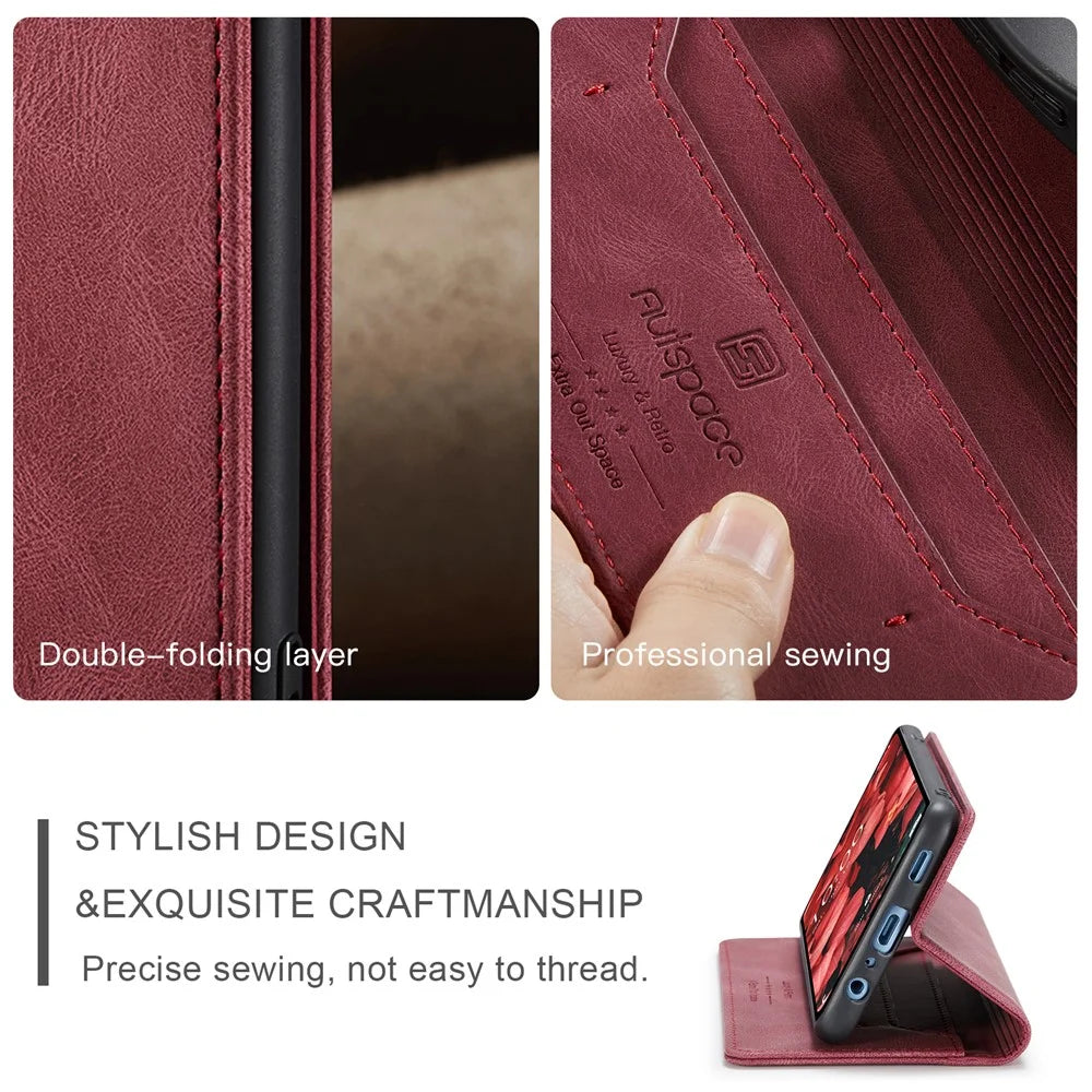 AUTSPACE Wallet Phone Case for Samsung Galaxy A34 5G RFID Blocking Flip Leather Cover A01 Series Retro Stand Phone Cover - Red - 5