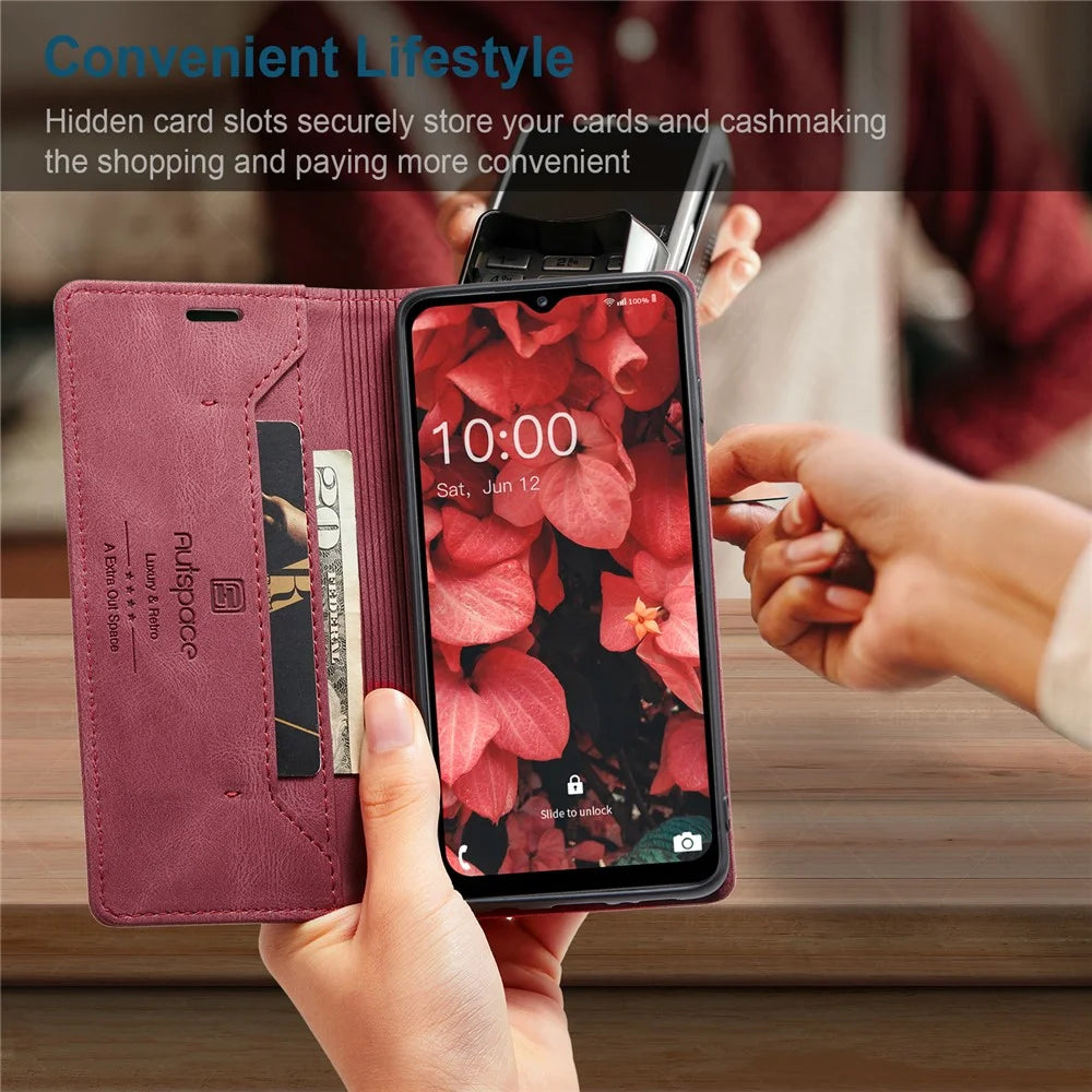 AUTSPACE Wallet Phone Case for Samsung Galaxy A34 5G RFID Blocking Flip Leather Cover A01 Series Retro Stand Phone Cover - Red - 6