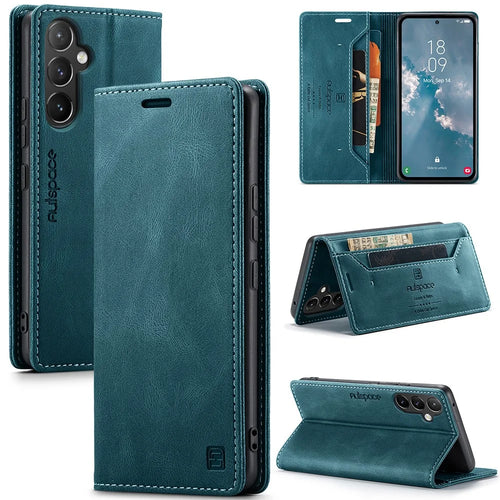 AUTSPACE A01 Series for Samsung Galaxy A54 5G RFID Blocking Phone Case Leather Stand Retro Texture Matte Wallet Cover - Blue - 1