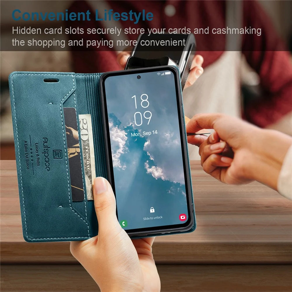 AUTSPACE A01 Series for Samsung Galaxy A54 5G RFID Blocking Phone Case Leather Stand Retro Texture Matte Wallet Cover - Blue - 6