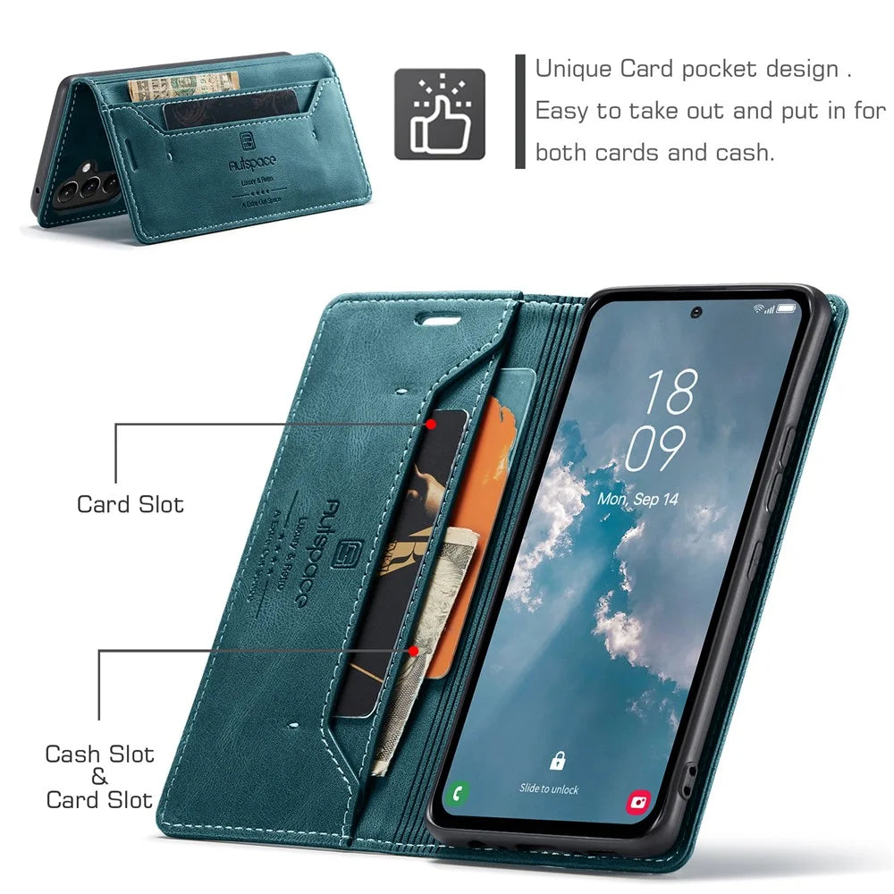 AUTSPACE A01 Series for Samsung Galaxy A54 5G RFID Blocking Phone Case Leather Stand Retro Texture Matte Wallet Cover - Blue - 7
