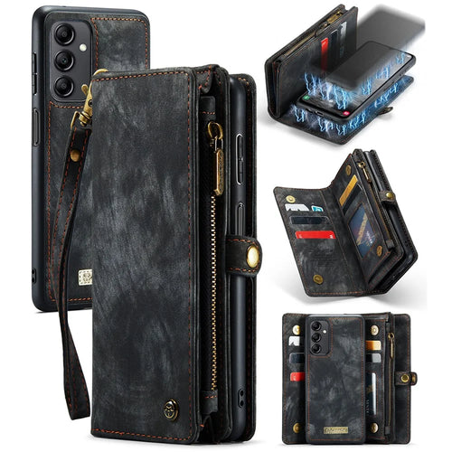 CASEME 008 Series for Samsung Galaxy A14 5G / A14 4G Zipper Pocket Design PU Leather Case Detachable Phone Stand Wallet Cover - Black - 1