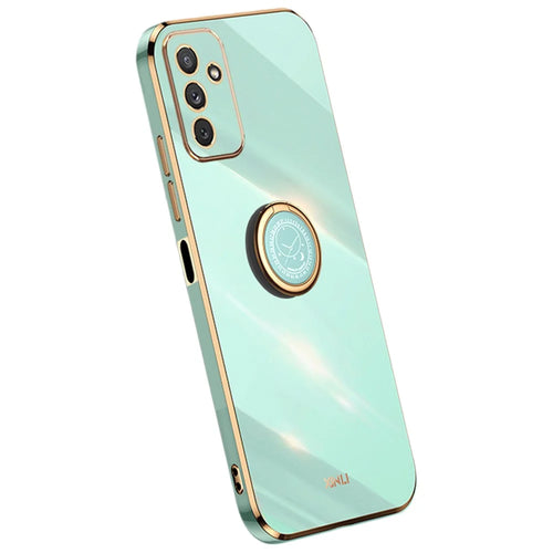 XINLI For Samsung Galaxy M23 5G / F23 5G Precise Lens Cutout Shockproof Phone Case with Ring Kickstand Electroplating Golden Edge Soft TPU Cover - Cyan - 1