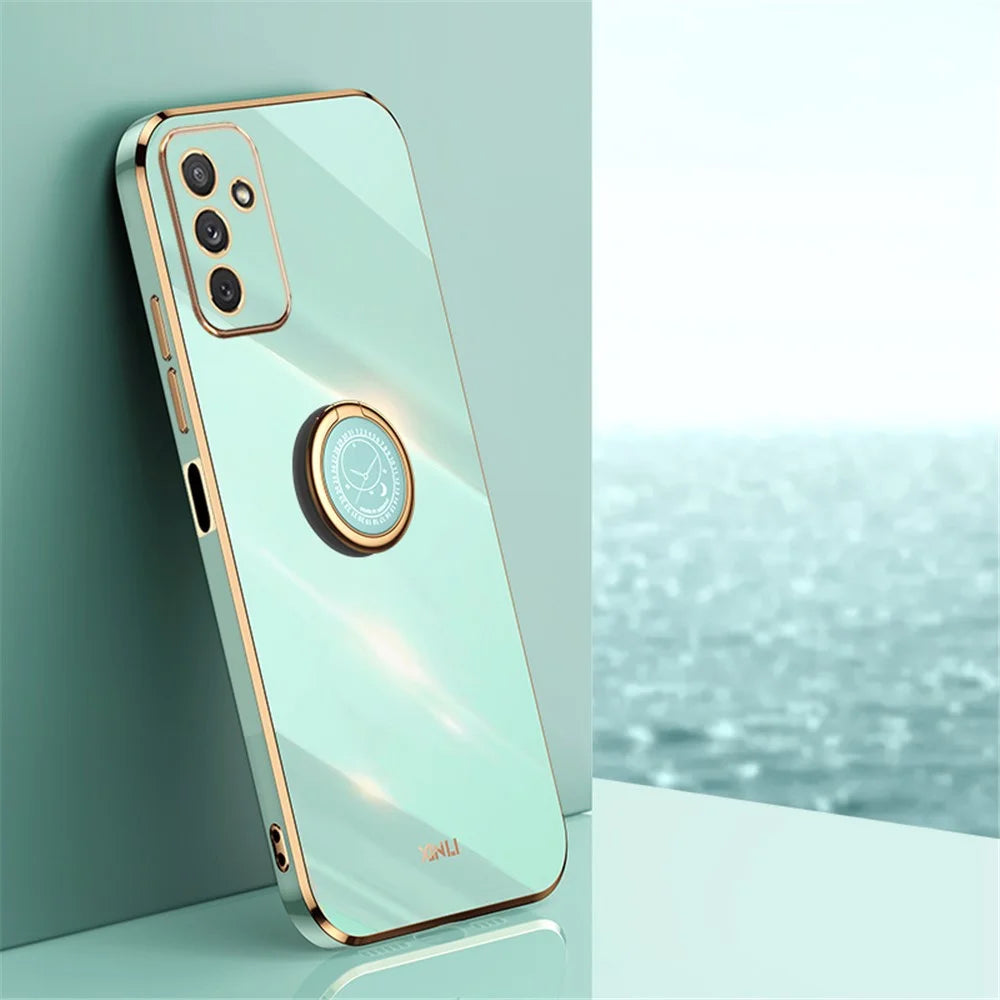 XINLI For Samsung Galaxy M23 5G / F23 5G Precise Lens Cutout Shockproof Phone Case with Ring Kickstand Electroplating Golden Edge Soft TPU Cover - Cyan - 2