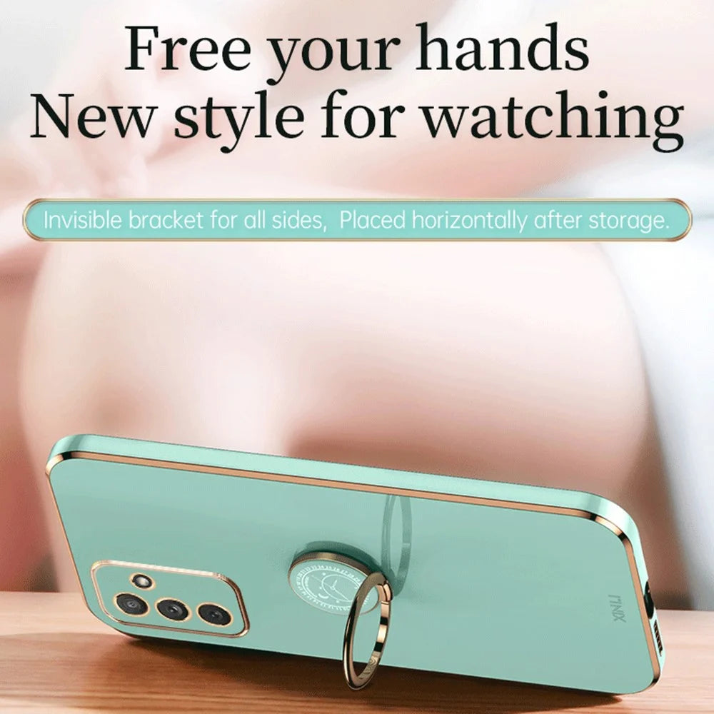 XINLI For Samsung Galaxy M23 5G / F23 5G Precise Lens Cutout Shockproof Phone Case with Ring Kickstand Electroplating Golden Edge Soft TPU Cover - Cyan - 3