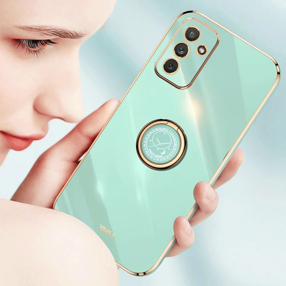 XINLI For Samsung Galaxy M23 5G / F23 5G Precise Lens Cutout Shockproof Phone Case with Ring Kickstand Electroplating Golden Edge Soft TPU Cover - Cyan - 4