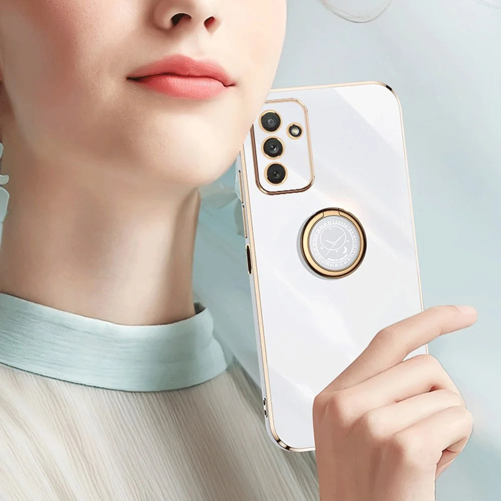 XINLI For Samsung Galaxy M23 5G / F23 5G Precise Lens Cutout Shockproof Phone Case with Ring Kickstand Electroplating Golden Edge Soft TPU Cover - Cyan - 5