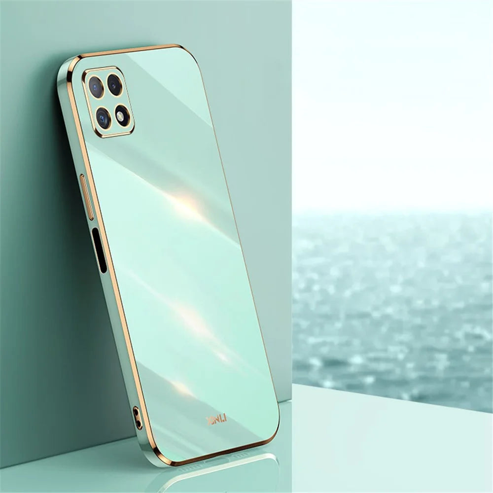 XINLI Phone Case for Samsung Galaxy A22 5G (EU Version), Electroplating Golden Edge Bump Proof TPU Protective Cover - Cyan - 2