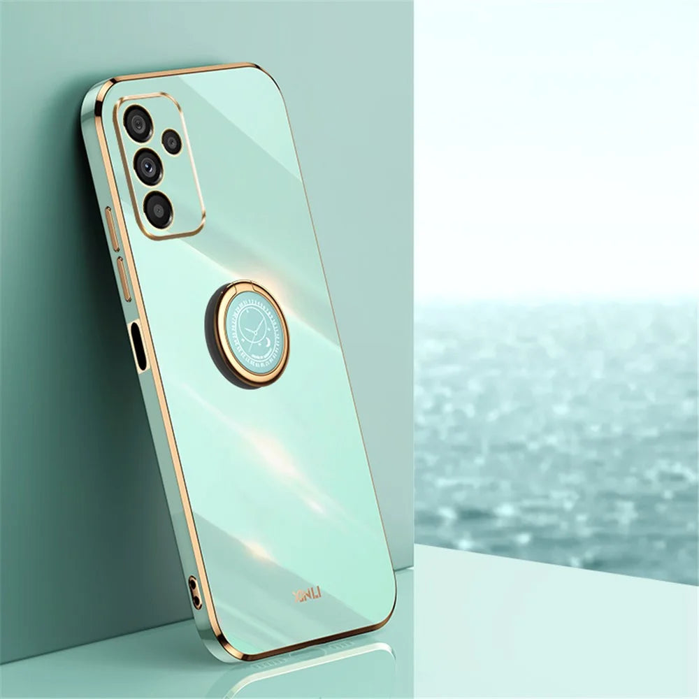 XINLI For Samsung Galaxy A14 5G / A14 4G Precise Lens Cutout Ring Kickstand Phone Case Electroplating Golden Edge Soft TPU Cover - Cyan - 2