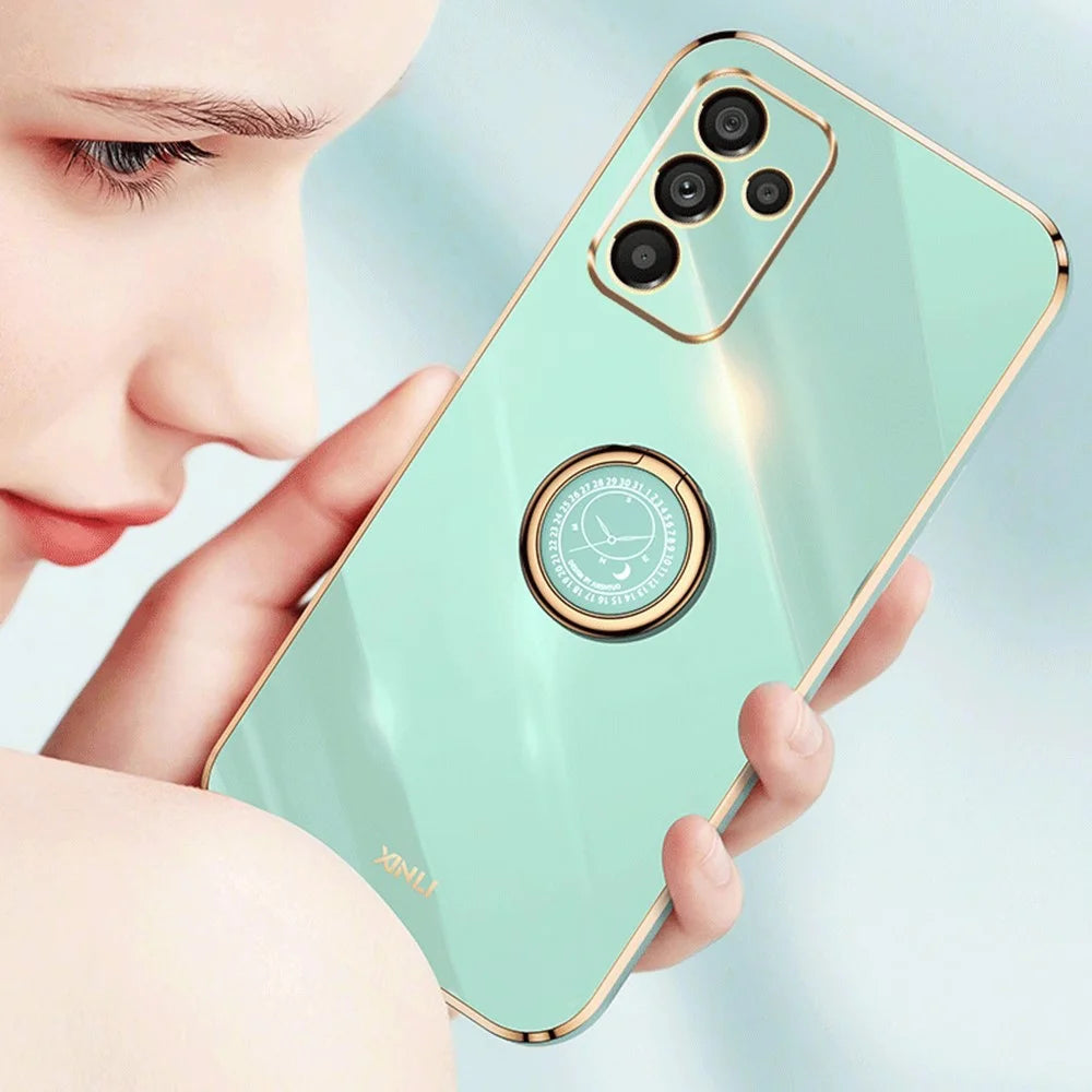 XINLI For Samsung Galaxy A14 5G / A14 4G Precise Lens Cutout Ring Kickstand Phone Case Electroplating Golden Edge Soft TPU Cover - Cyan - 3