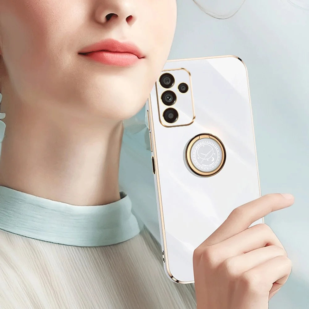 XINLI For Samsung Galaxy A14 5G / A14 4G Precise Lens Cutout Ring Kickstand Phone Case Electroplating Golden Edge Soft TPU Cover - Cyan - 5