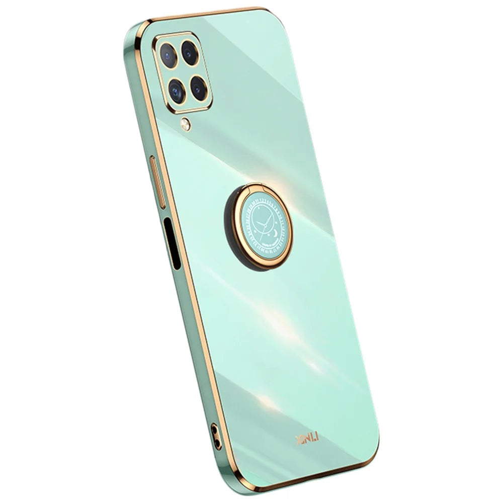 XINLI Back Shell for Samsung Galaxy A12, Electroplating Golden Edge Ring Kickstand Case Soft TPU Cover - Cyan - 1