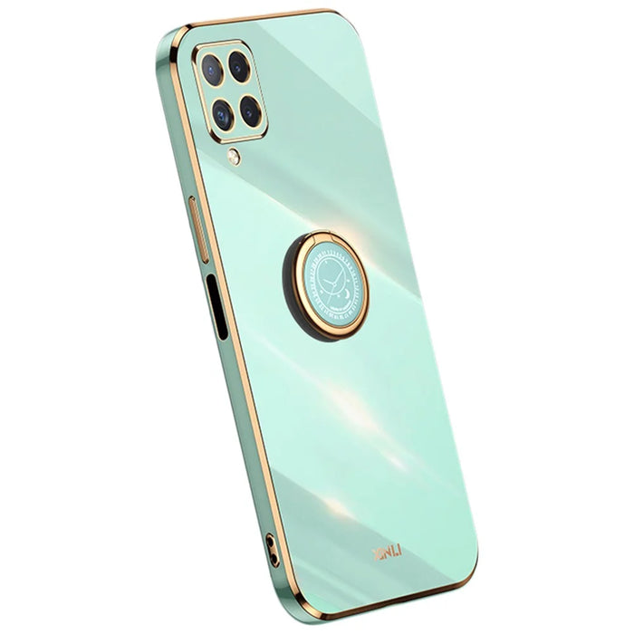 XINLI Back Shell for Samsung Galaxy A12, Electroplating Golden Edge Ring Kickstand Case Soft TPU Cover - Cyan - 1