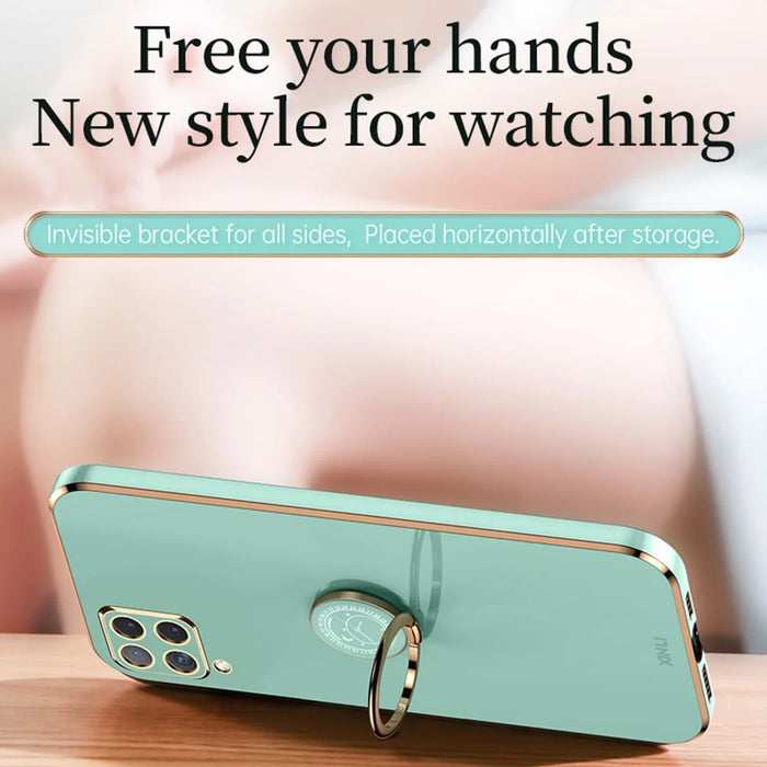 XINLI Back Shell for Samsung Galaxy A12, Electroplating Golden Edge Ring Kickstand Case Soft TPU Cover - Cyan - 3