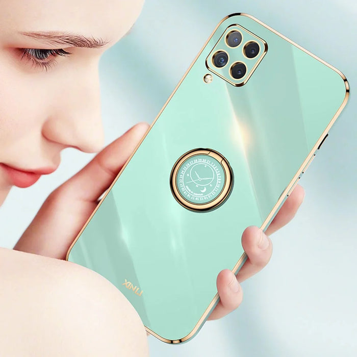 XINLI Back Shell for Samsung Galaxy A12, Electroplating Golden Edge Ring Kickstand Case Soft TPU Cover - Cyan - 4