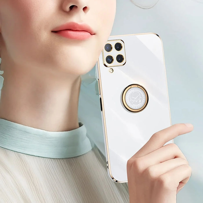 XINLI Back Shell for Samsung Galaxy A12, Electroplating Golden Edge Ring Kickstand Case Soft TPU Cover - Cyan - 5