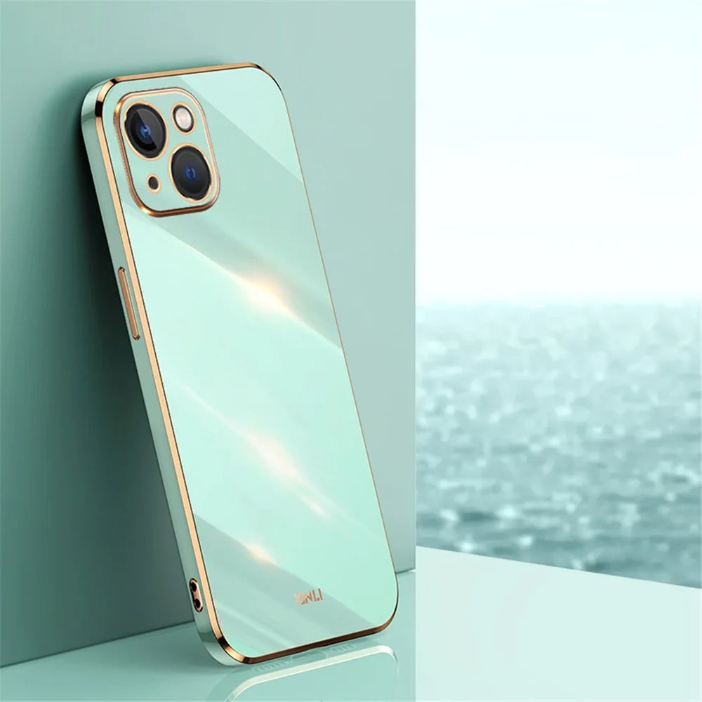 XINLI For iPhone 14 Plus Electroplating Golden Edge Phone Cover Flexible TPU Anti-scratch Case - Cyan - 2