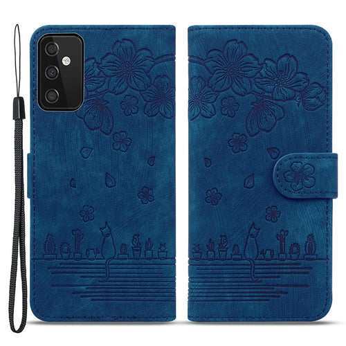For Samsung Galaxy A34 5G PU Leather Folding Stand Wallet Case Imprinted Cat Phone Shell with Strap - Blue - 1