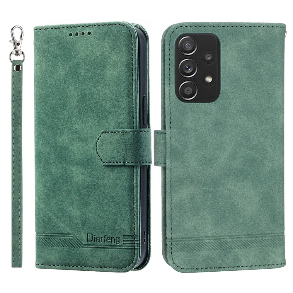DIERFENG DF-03 PU Leather Wallet Phone Case for Samsung Galaxy A52 4G / 5G / A52s 5G, Flip Stand Lines Imprinted Phone Cover - Green - 1