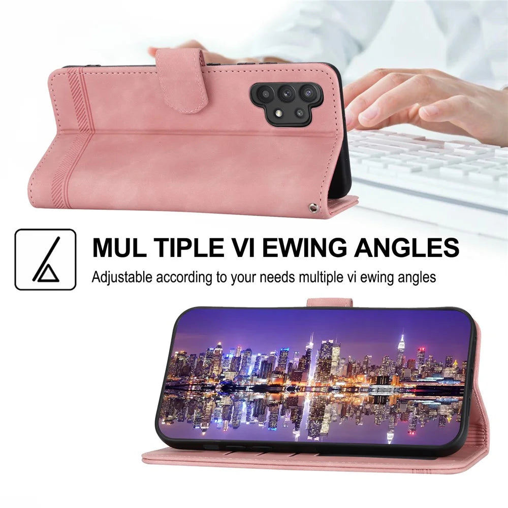 DIERFENG DF-03 PU Leather Phone Cover for Samsung Galaxy A32 4G (EU Version), Stand Wallet Lines Imprinted Case - Pink - 4