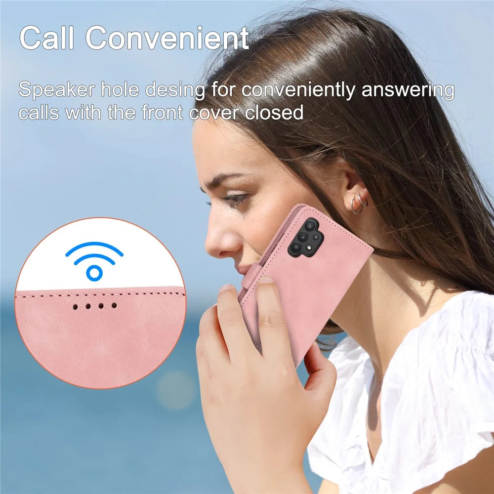 DIERFENG DF-03 PU Leather Phone Cover for Samsung Galaxy A32 4G (EU Version), Stand Wallet Lines Imprinted Case - Pink - 5