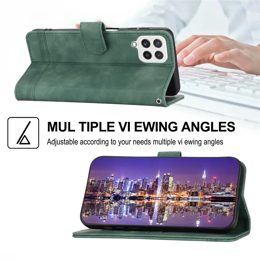 DIERFENG DF-03 Phone Case for Samsung Galaxy A22 4G (EU Version), Stand Wallet Lines Imprinted Leather Cover - Green - 4