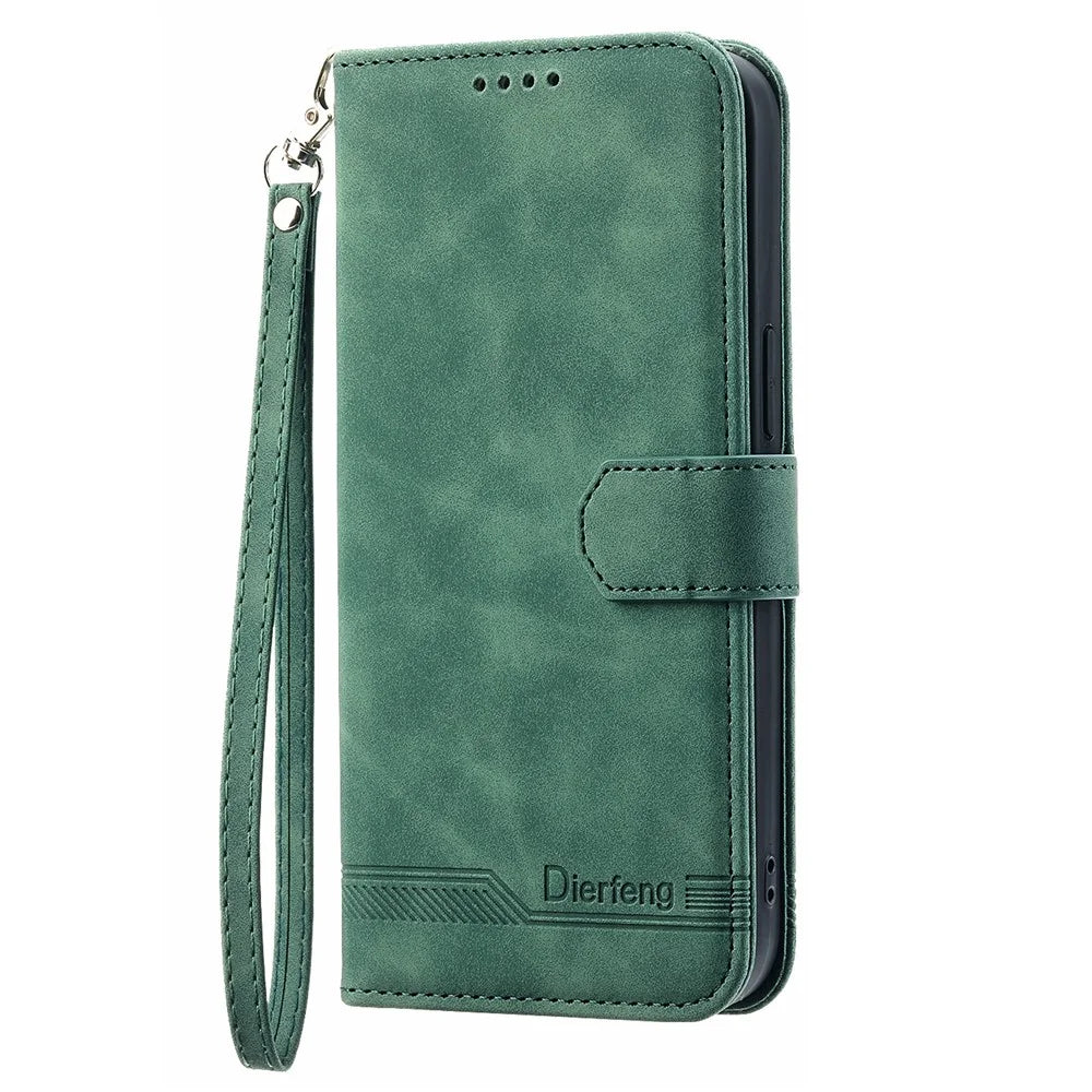 DIERFENG DF-03 Phone Case for Samsung Galaxy A22 4G (EU Version), Stand Wallet Lines Imprinted Leather Cover - Green - 6