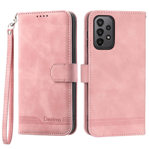 DIERFENG DF-03 Leather Phone Case for Samsung Galaxy A23 5G (Global Version) / A23 4G, Lines Imprinted Wallet Stand Phone Cover - Pink - 1