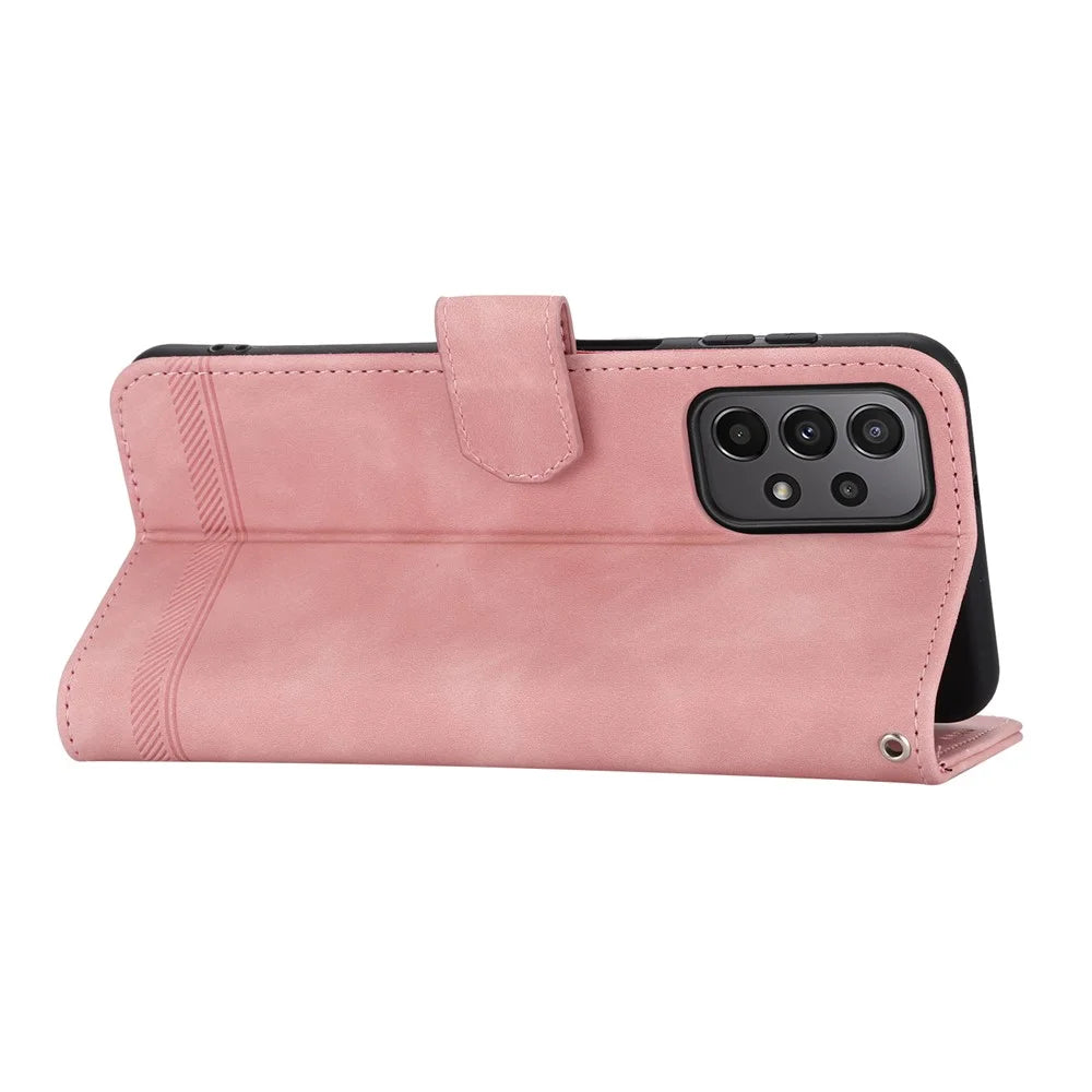 DIERFENG DF-03 Leather Phone Case for Samsung Galaxy A23 5G (Global Version) / A23 4G, Lines Imprinted Wallet Stand Phone Cover - Pink - 2