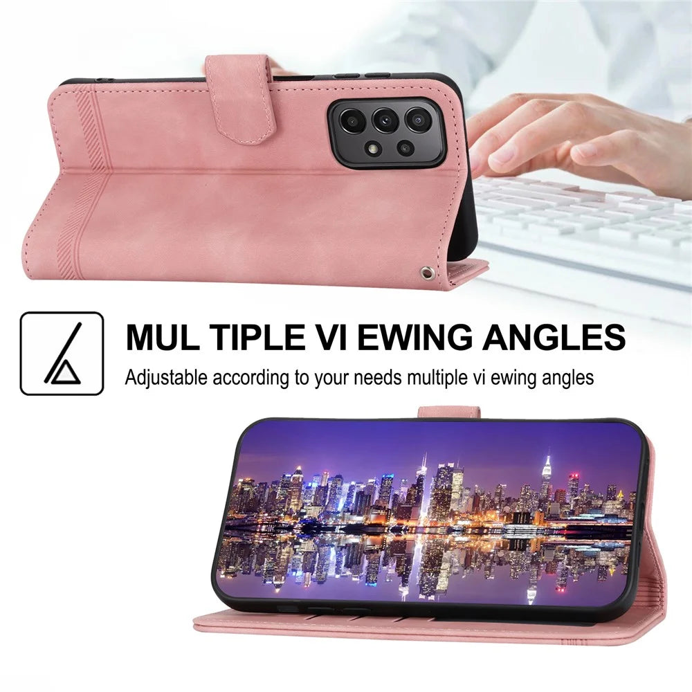DIERFENG DF-03 Leather Phone Case for Samsung Galaxy A23 5G (Global Version) / A23 4G, Lines Imprinted Wallet Stand Phone Cover - Pink - 4