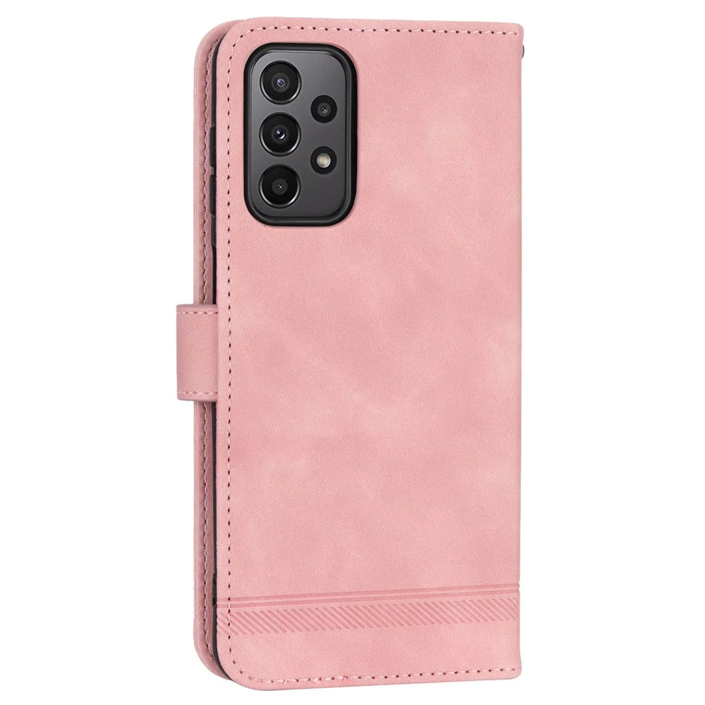 DIERFENG DF-03 Leather Phone Case for Samsung Galaxy A23 5G (Global Version) / A23 4G, Lines Imprinted Wallet Stand Phone Cover - Pink - 7