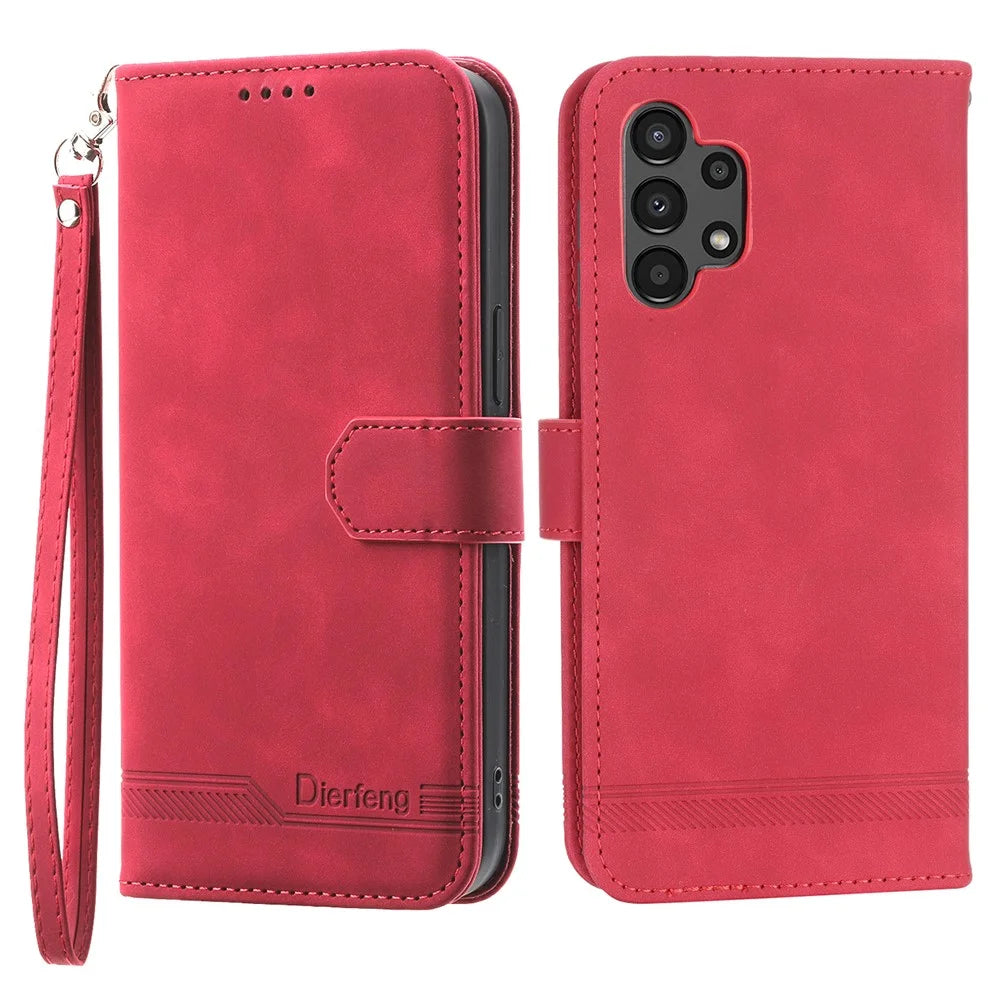 DIERFENG DF-03 Wallet Phone Case for Samsung Galaxy A13 4G / 5G, Stand PU Leather Lines Imprinted Phone Cover - Red - 1