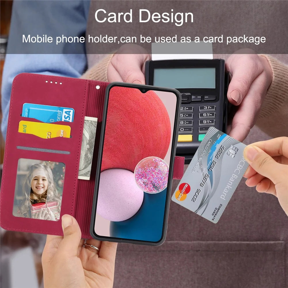 DIERFENG DF-03 Wallet Phone Case for Samsung Galaxy A13 4G / 5G, Stand PU Leather Lines Imprinted Phone Cover - Red - 3