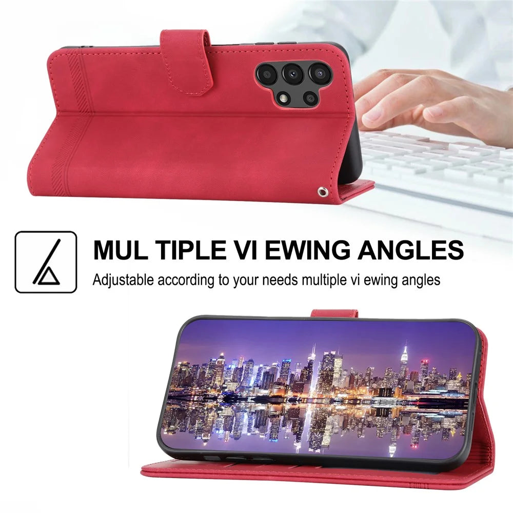 DIERFENG DF-03 Wallet Phone Case for Samsung Galaxy A13 4G / 5G, Stand PU Leather Lines Imprinted Phone Cover - Red - 4