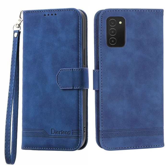 DIERFENG DF-03 Leather Case for Samsung Galaxy A03s (164.2mm) Stand Wallet Lines Imprint Cell Phone Cover - Blue - 1