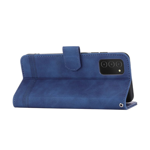 DIERFENG DF-03 Leather Case for Samsung Galaxy A03s (164.2mm) Stand Wallet Lines Imprint Cell Phone Cover - Blue - 2