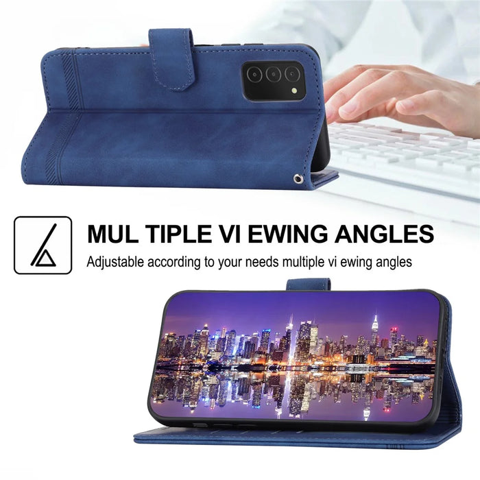 DIERFENG DF-03 Leather Case for Samsung Galaxy A03s (164.2mm) Stand Wallet Lines Imprint Cell Phone Cover - Blue - 4