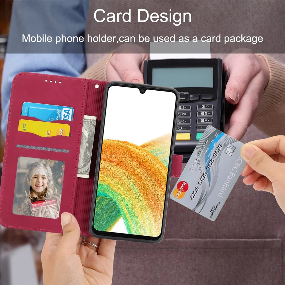 DIERFENG DF-03 Wallet Leather Case for Samsung Galaxy A34 5G, Lines Imprinted Stand Cell Phone Cover - Red - 3