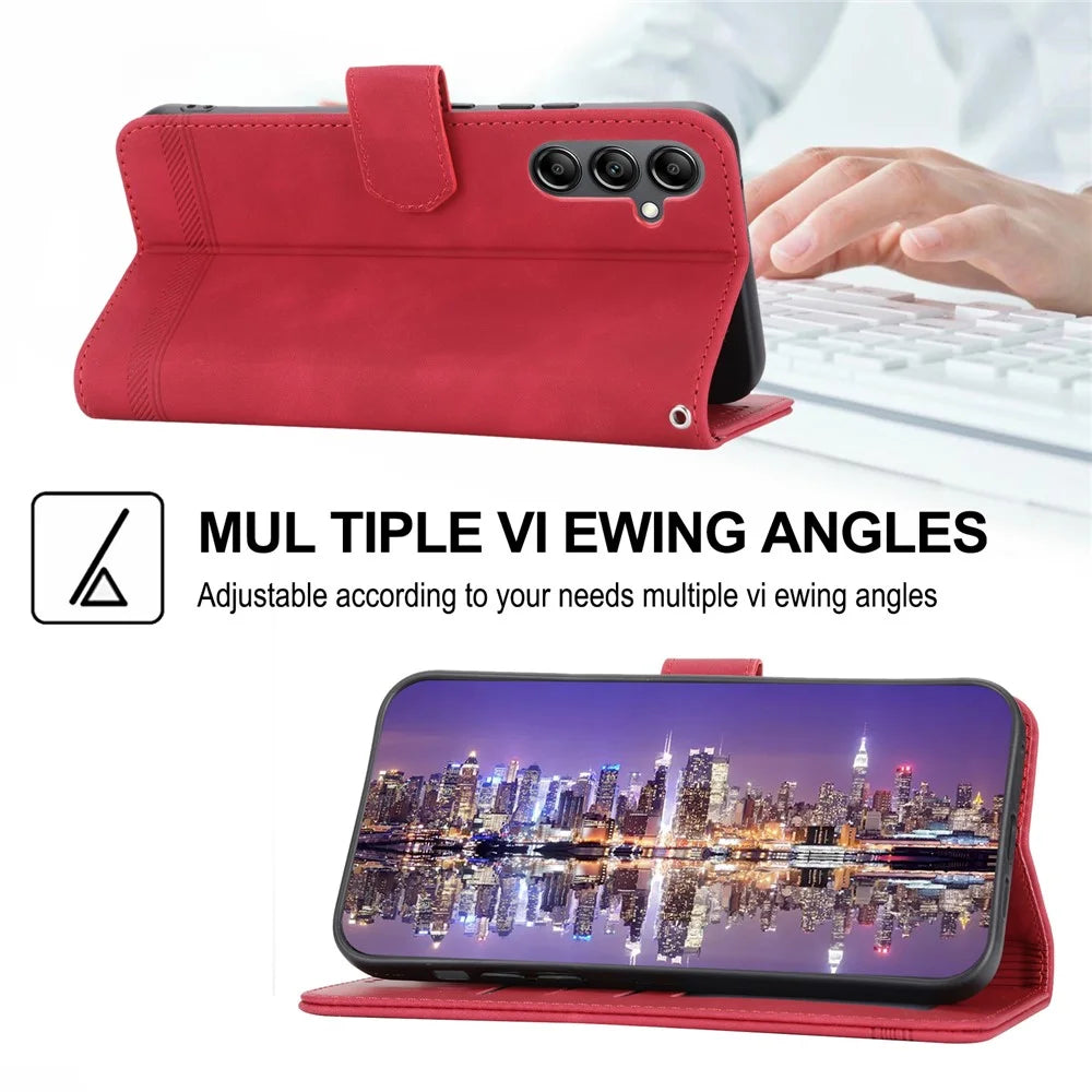 DIERFENG DF-03 Wallet Leather Case for Samsung Galaxy A34 5G, Lines Imprinted Stand Cell Phone Cover - Red - 4