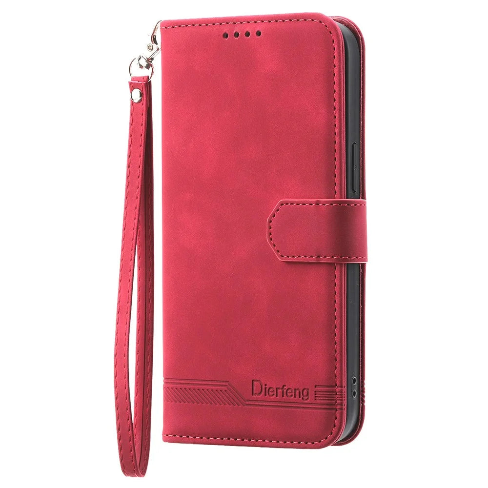DIERFENG DF-03 Wallet Leather Case for Samsung Galaxy A34 5G, Lines Imprinted Stand Cell Phone Cover - Red - 6