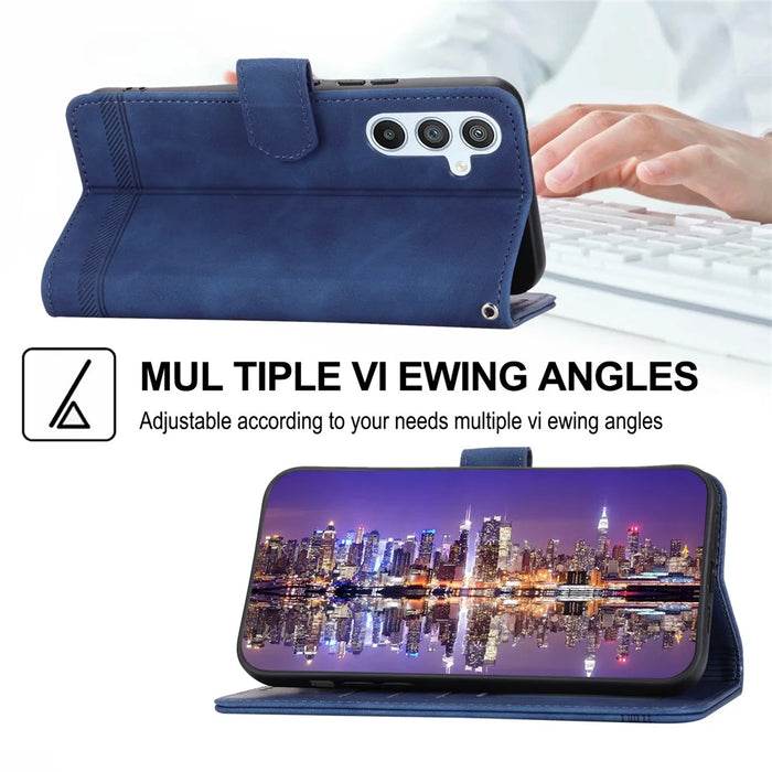DIERFENG DF-03 Mobile Phone Leather Case for Samsung Galaxy A54 5G, Lines Imprinted Stand Wallet Phone Cover - Blue - 4