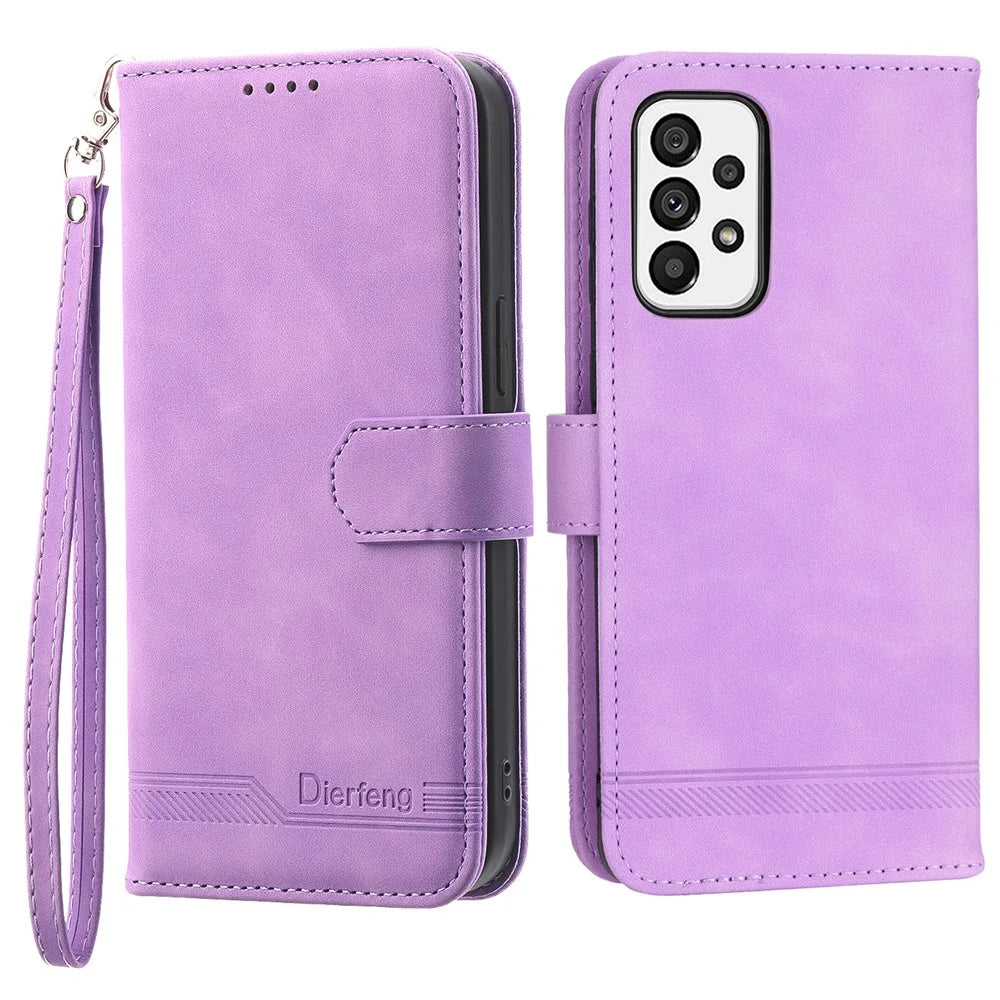 DIERFENG DF-03 Cell Phone Case for Samsung Galaxy A73 5G, Lines Imprinted Stand Wallet Phone Leather Cover - Purple - 1