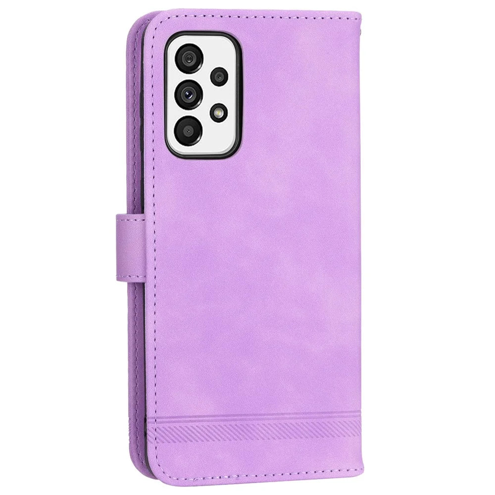 DIERFENG DF-03 Cell Phone Case for Samsung Galaxy A73 5G, Lines Imprinted Stand Wallet Phone Leather Cover - Purple - 7