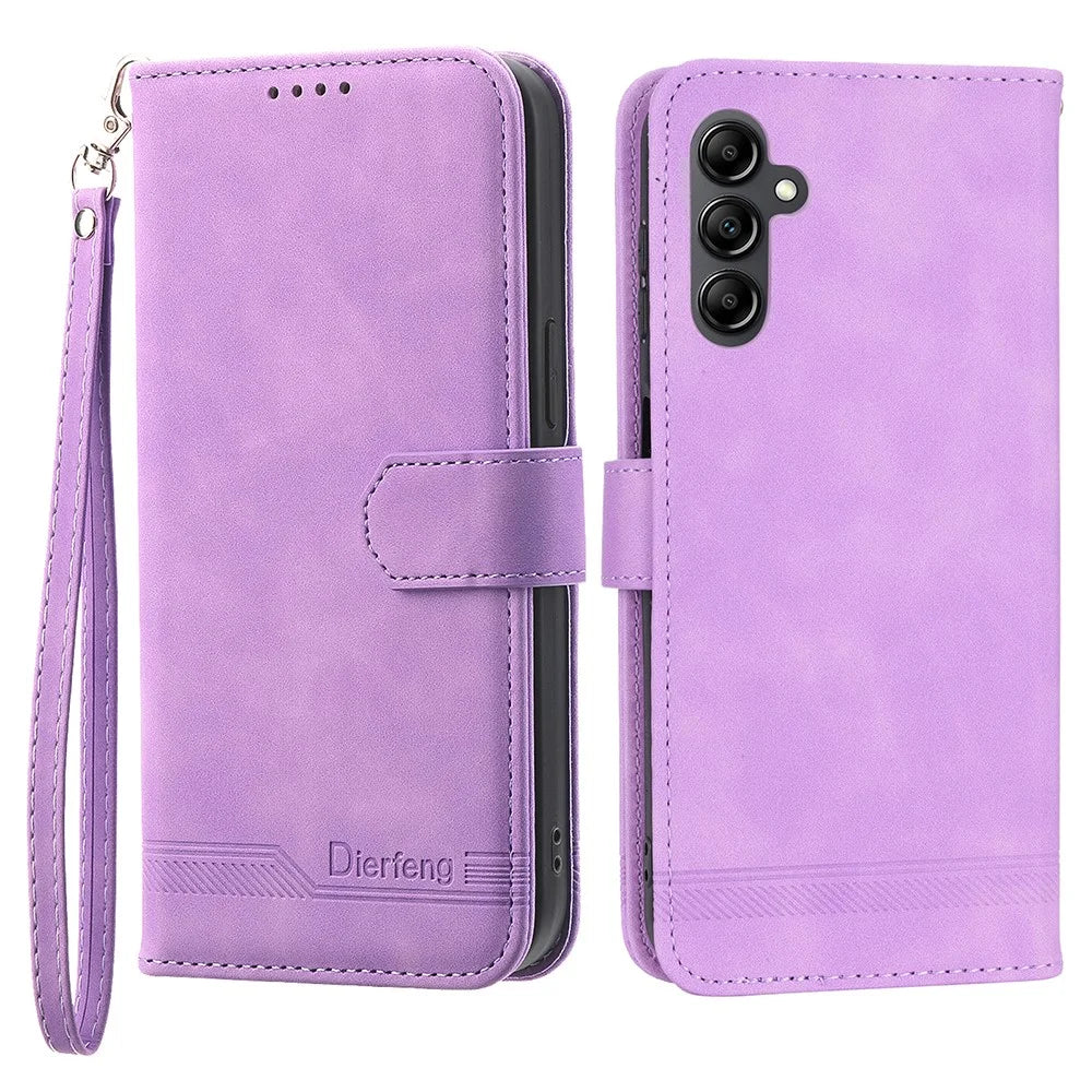 DIERFENG DF-03 Phone Case Stand Wallet for Samsung Galaxy A14 5G / A14 4G PU Leather Lines Imprinted Phone Cover - Purple - 1